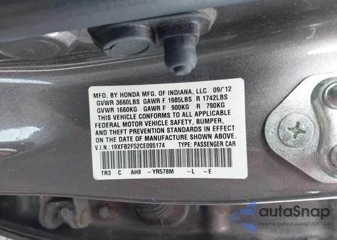 2012 Honda Civic Lx из США, поврежденный, VIN 19XFB2F52CE095174